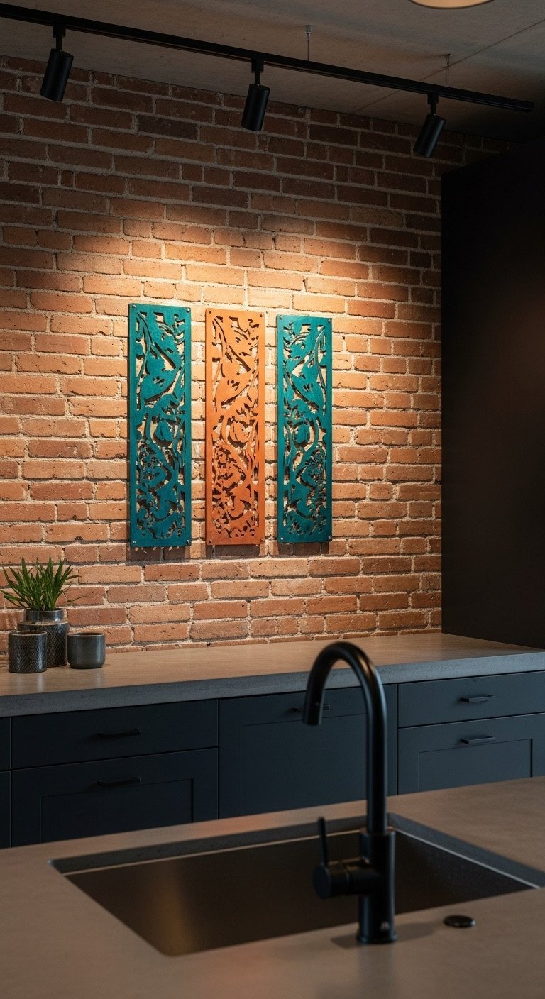 Three geometric metal wall art pieces in teal and gold hanging on an exposed brick wall in an industrial kitchen.