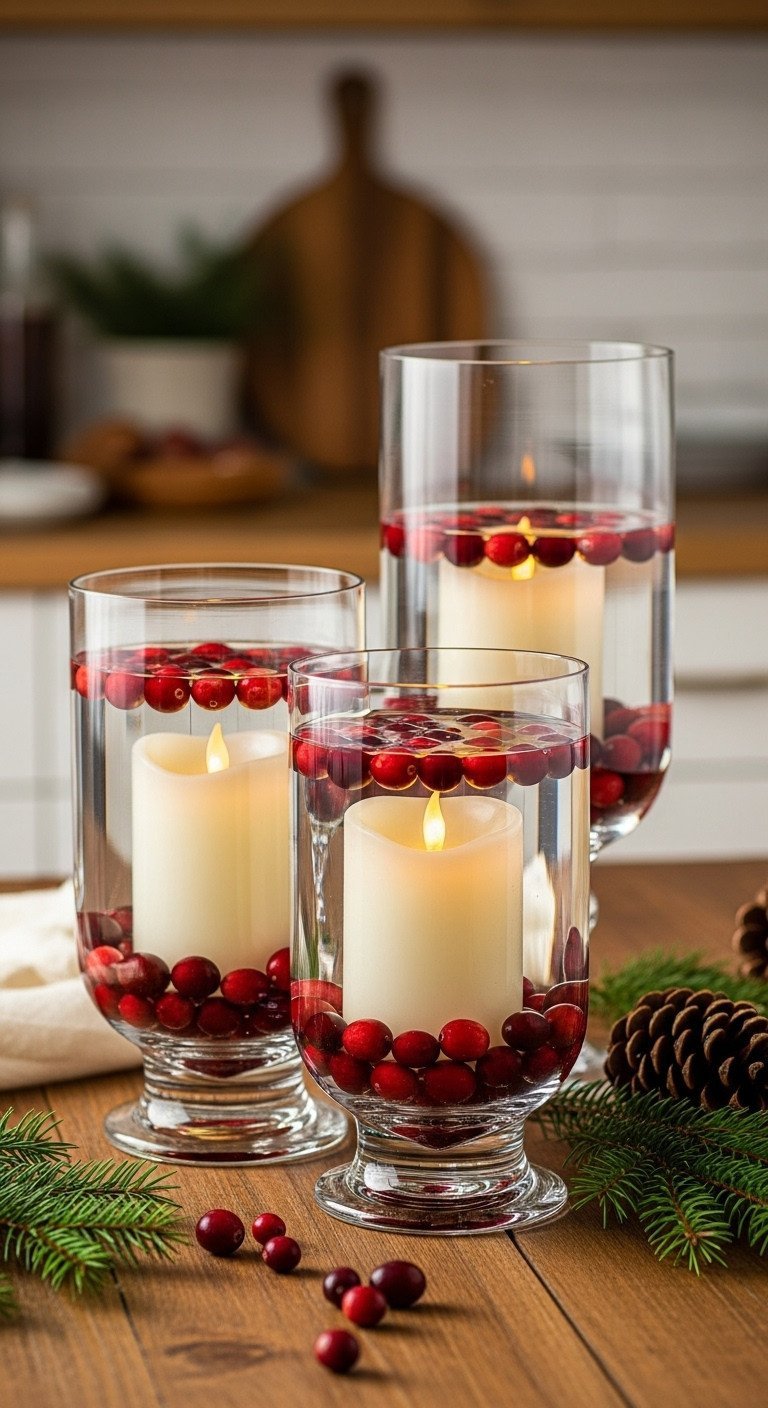 Three glass hurricane vases with floating cranberries, LED candles, pine cones on rustic wooden table, cozy Christmas decor.