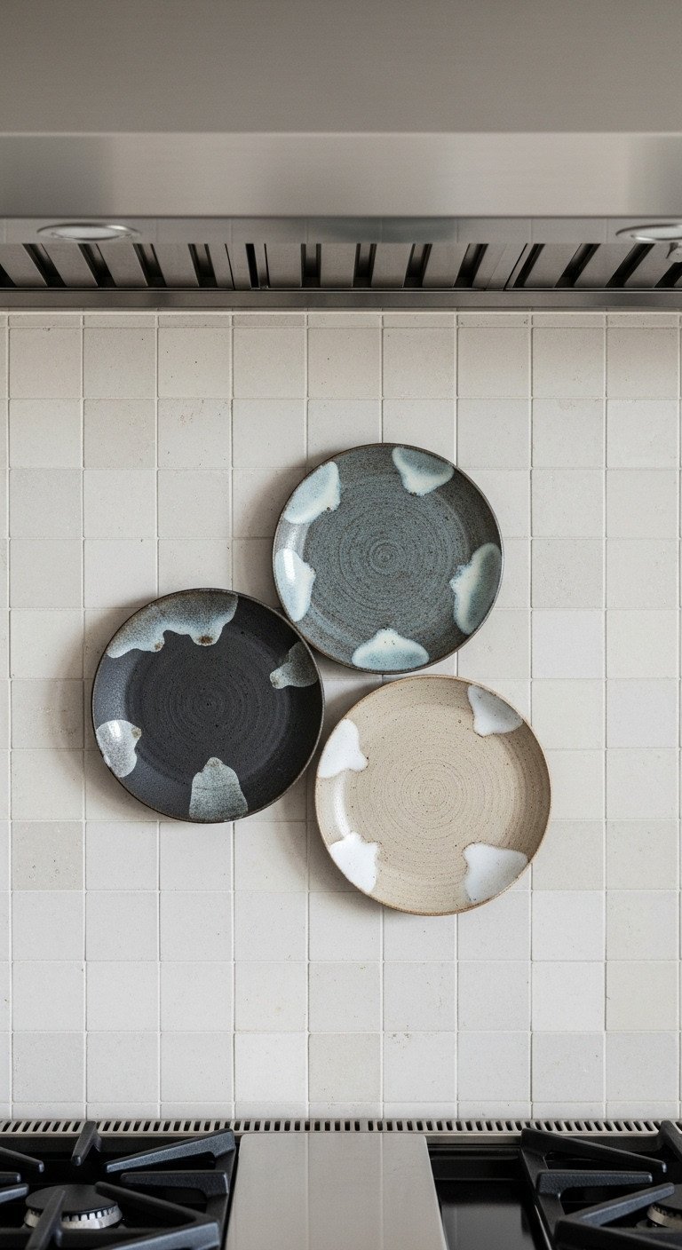 Three handmade ceramic plates in earthy tones mounted as wabi-sabi wall art on a textured tile backsplash in a Japandi kitchen.