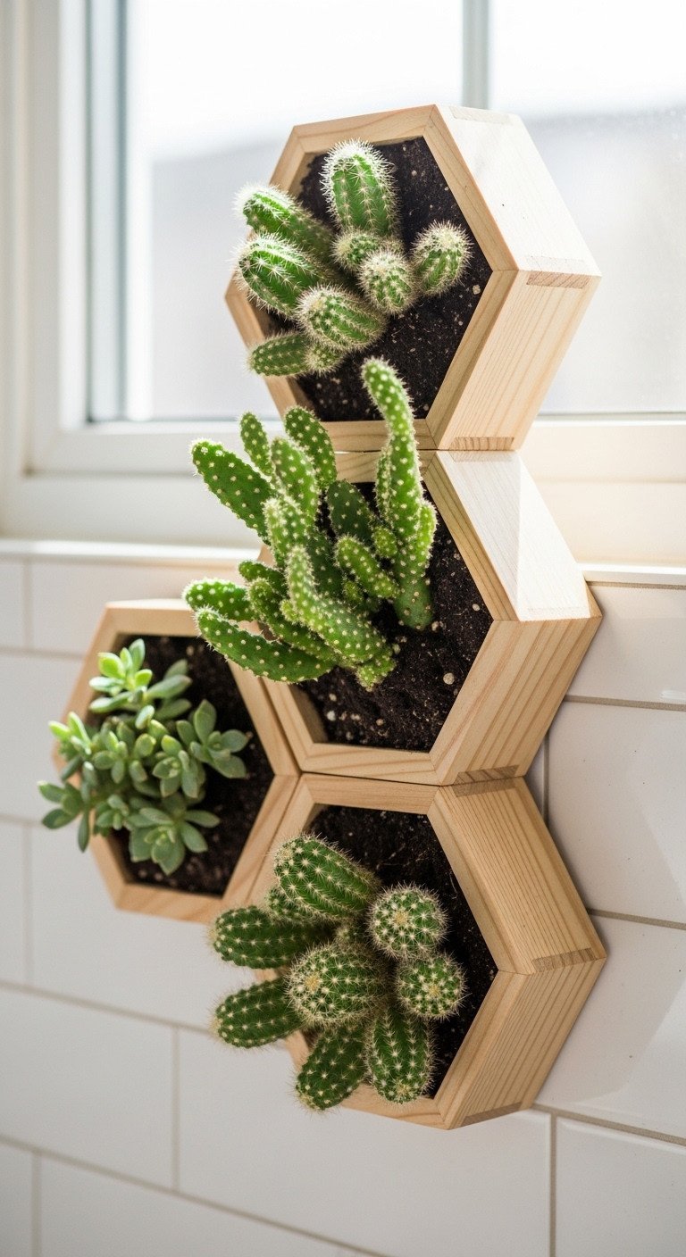 Three hexagonal wooden wall planters in a honeycomb pattern, filled with cacti and succulents in a sun-drenched kitchen.