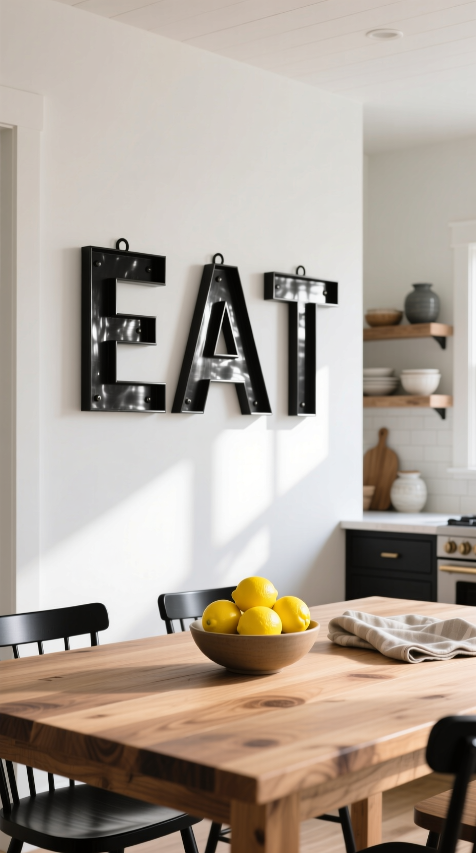 Kitchen Wall Decor That Looks Perfect Above Your Table 16 Three large black metal letters spelling EAT hang on a white wall above a rustic pine dining table in a farmhouse kitchen.