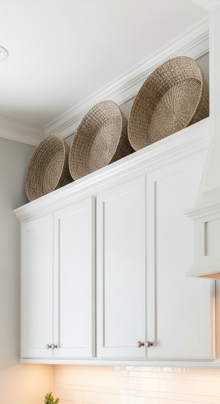 Three large, shallow woven baskets decorate the space above white Shaker-style kitchen cabinets, adding texture and height.