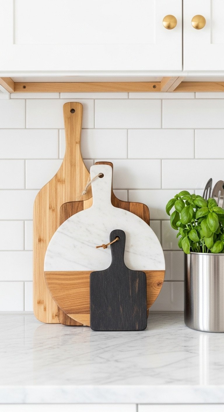 Three layered cutting boards, including marble and wood styles, leaning against a white subway tile kitchen backsplash.