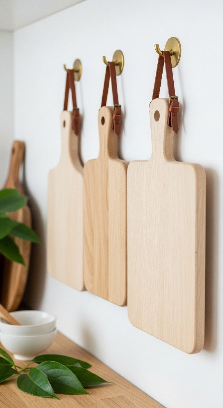 Three light wood cutting boards with leather straps hanging from brass hooks on a white wall in a Scandinavian kitchen.