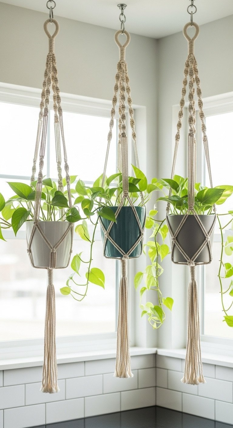 Three macrame plant hangers with lush green plants hanging at varying heights in a sunlit kitchen corner near a window.
