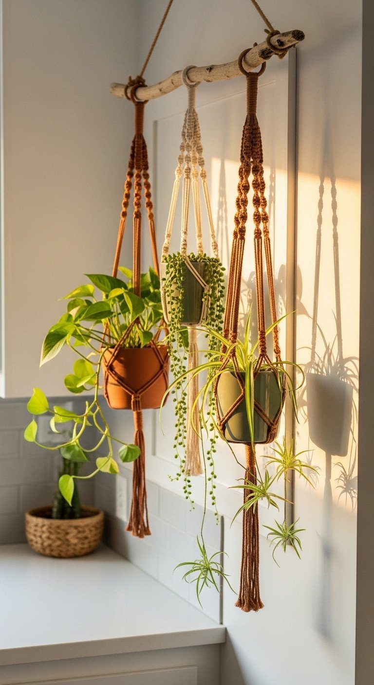 Three macrame plant hangers with lush houseplants suspended from a driftwood branch on a light gray wall in a boho kitchen.