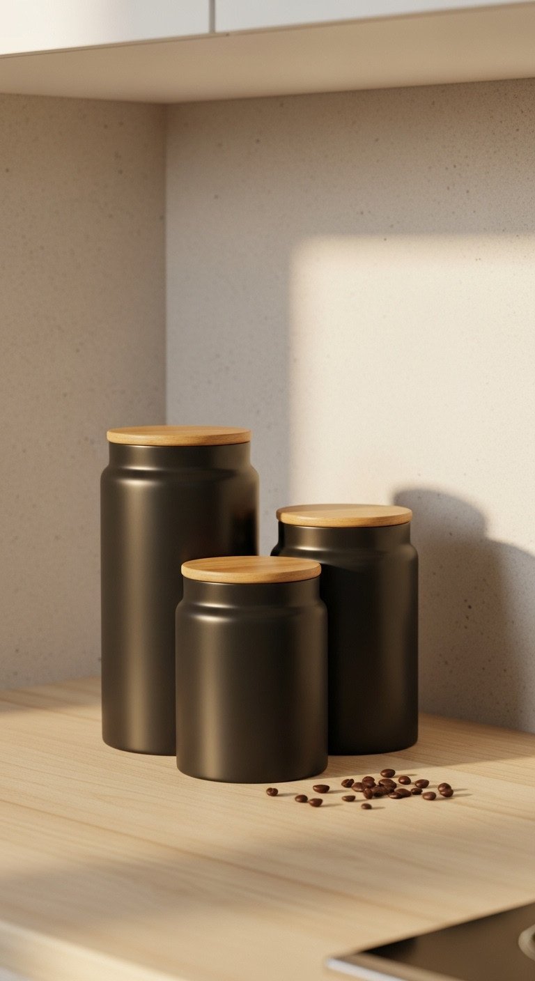 Three matte black ceramic kitchen canisters with wooden lids in various sizes arranged on a light butcher block countertop.