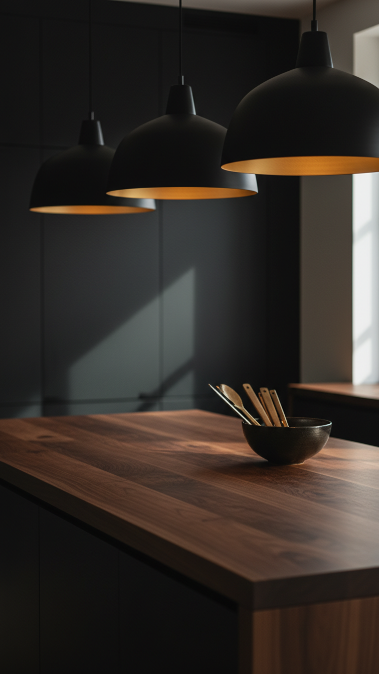 Three matte black dome pendant lights over a dark wood kitchen island. Warm light, ceramic bowl, gold utensils, blurred cabinetry.