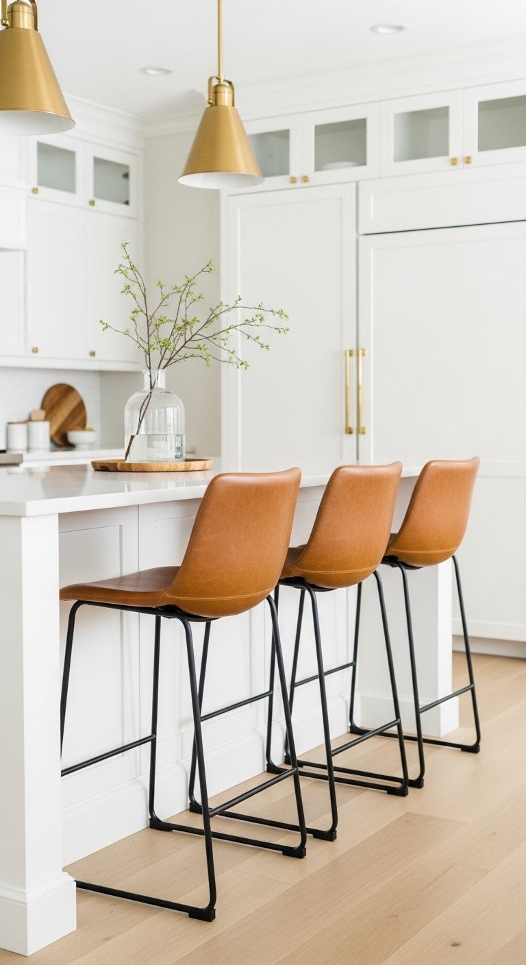 Three stylish bar stools with warm saddle leather seats and black metal legs tucked under a white waterfall kitchen island.