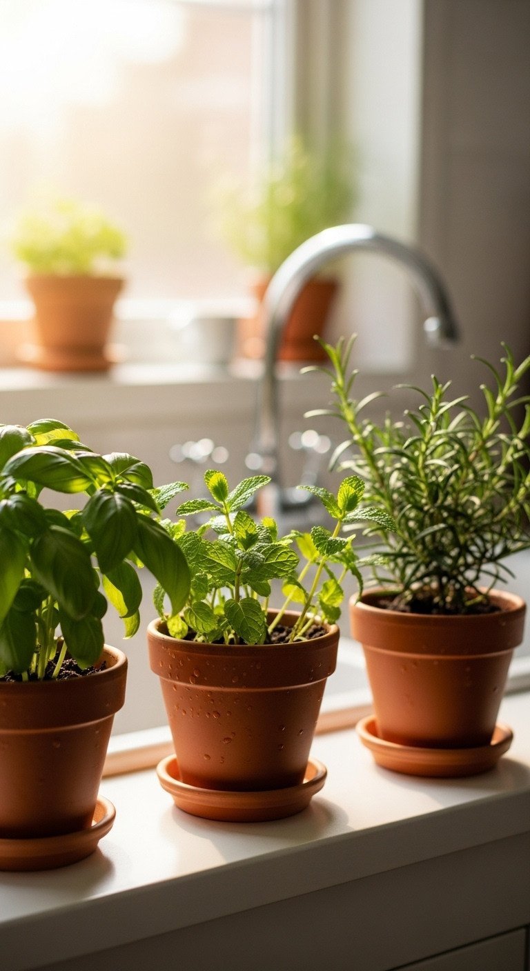 Three terracotta pots with fresh basil, mint, and rosemary herbs sitting on a sunny white kitchen windowsill.