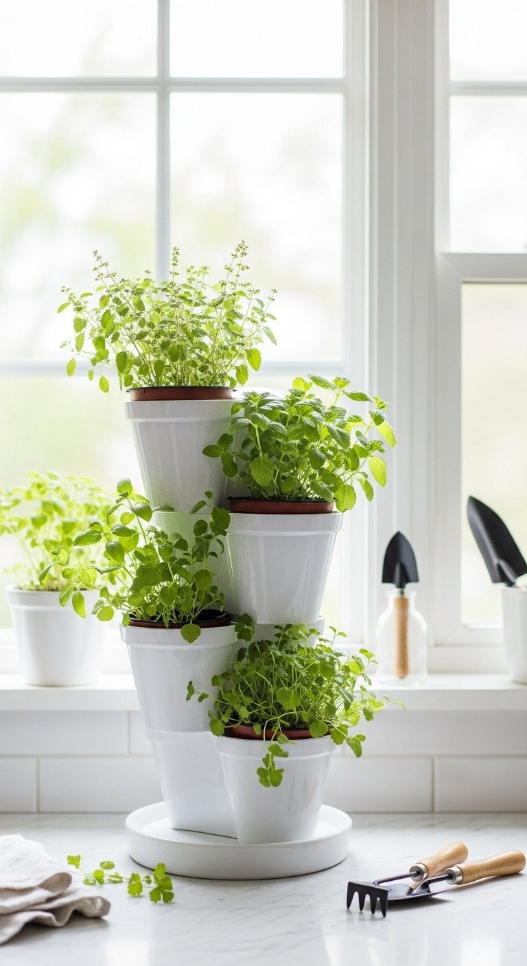 Three-tier vertical herb garden stand on a kitchen window sill, showcasing fresh Indian herbs like tulsi, mint, and coriander.