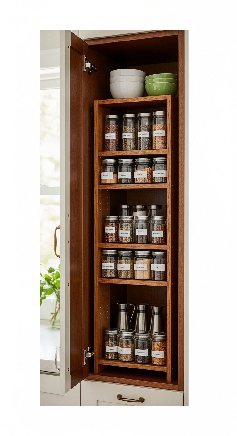 9 Non Modular Kitchen Organization And Decor Secrets 1 Three-tiered expanding spice rack in dark wood kitchen cabinet, neatly organized glass jars with labels, eye-level close-up, functional kitchen storage.