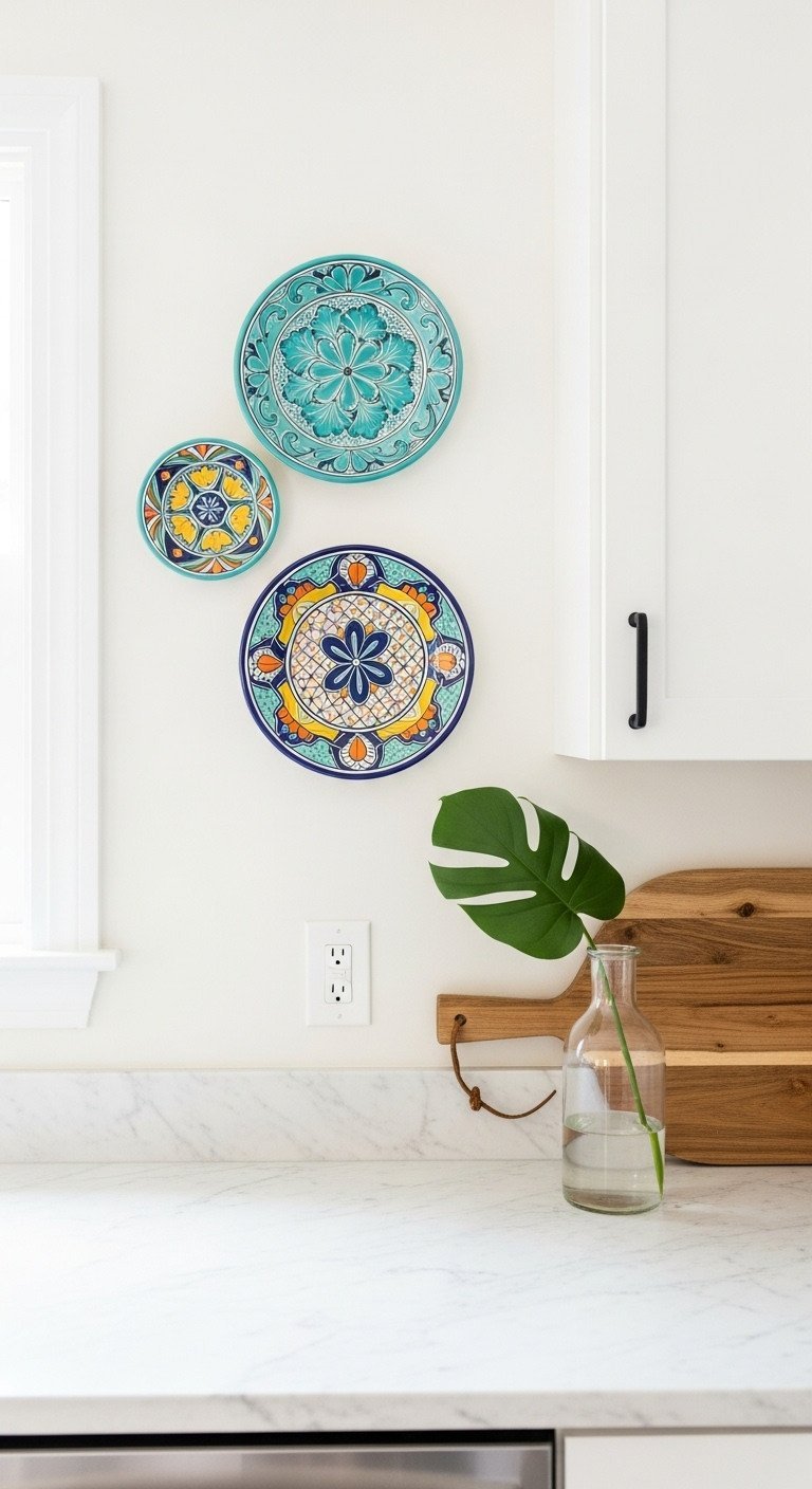 Three vibrant, hand-painted Talavera-style ceramic plates arranged as wall art in a bright, airy Southwestern kitchen.