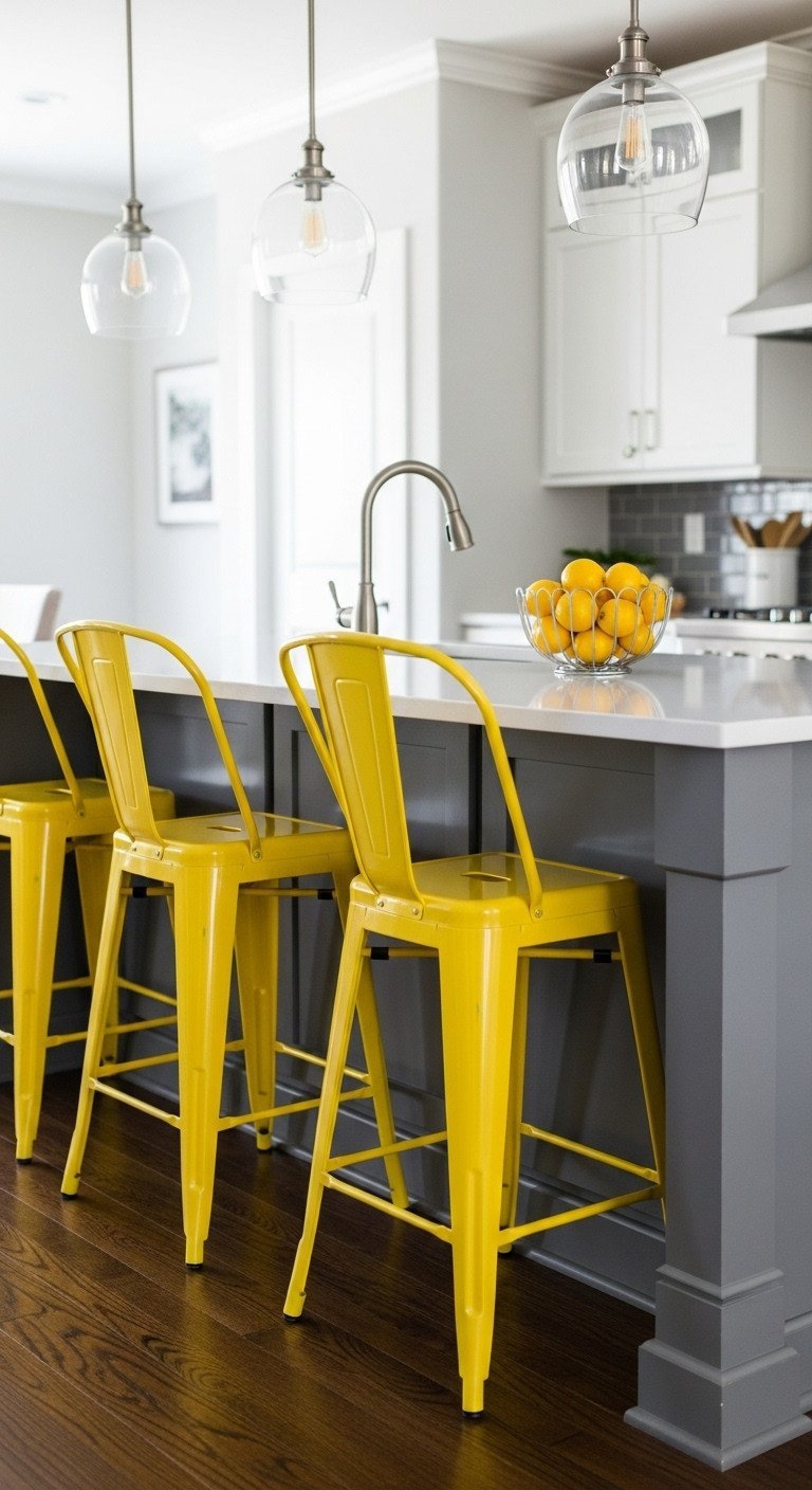 13 Decor Secrets To Make Your Dark Kitchen Feel Brighter 17 Three vibrant yellow metal bar stools tucked under a white kitchen island countertop, adding a pop of color to the space.