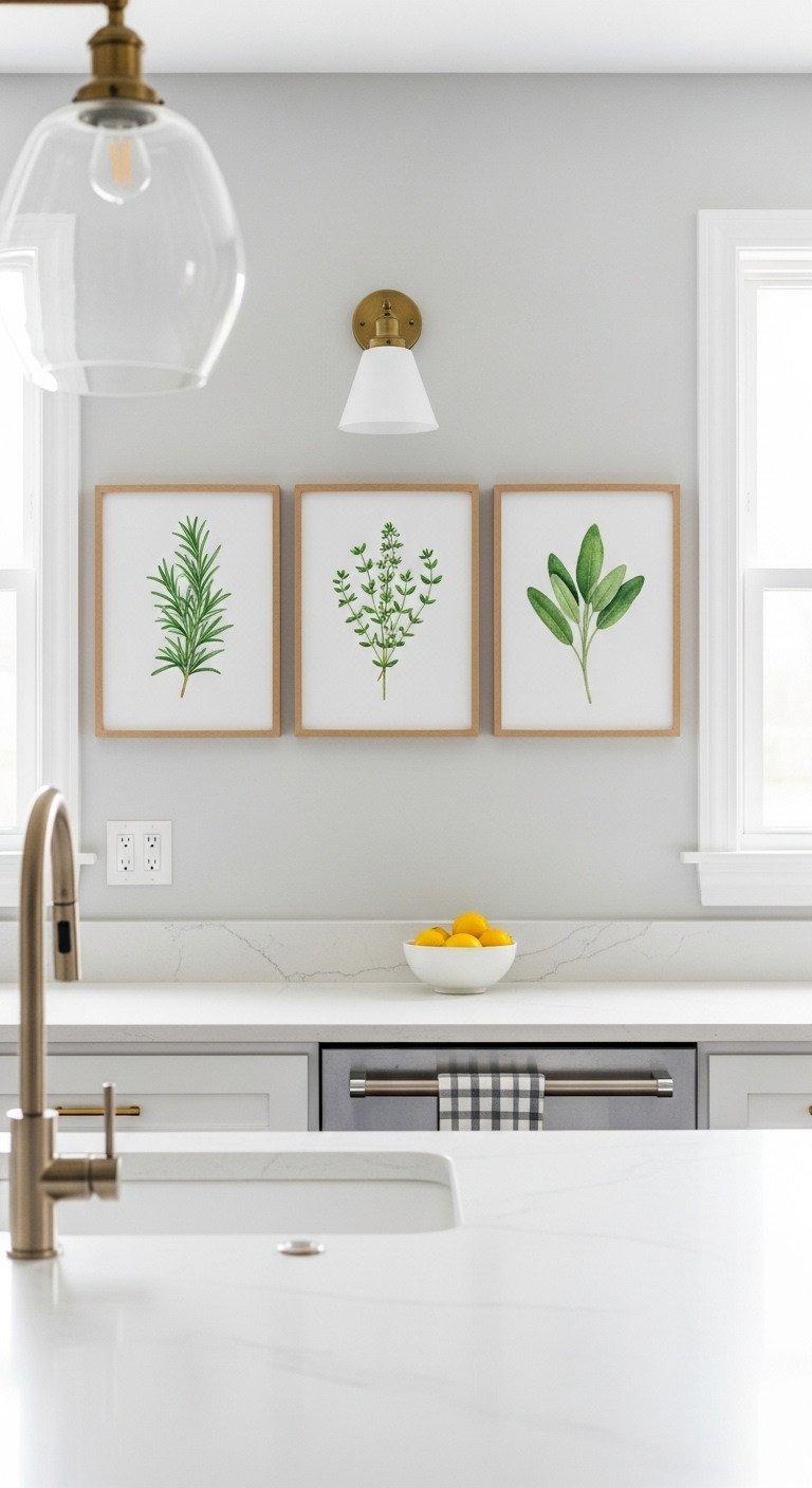 Three watercolor herb prints in light wood frames hang on a gray wall above a white quartz counter in a modern kitchen.