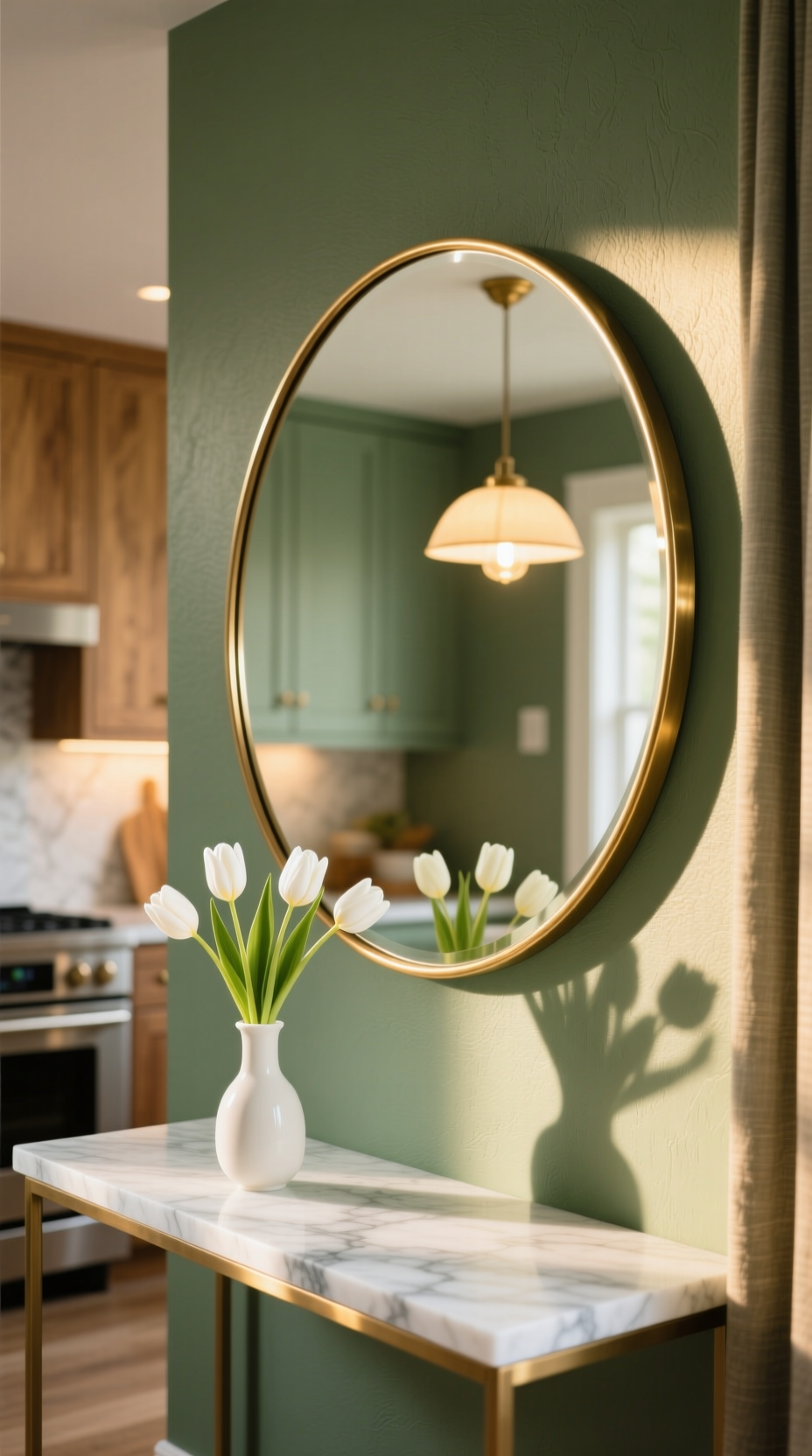 11 Stunning Ways To Style Sage Green Kitchen Wall Decor 21 Three white ceramic hanging planters with fresh herbs create a vertical indoor garden on a sage green kitchen wall by a window.