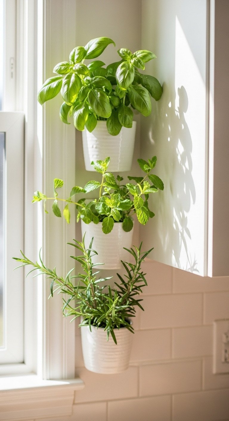 Three white ceramic wall planters arranged vertically in a sunny kitchen, growing a fresh indoor herb garden of basil and mint.