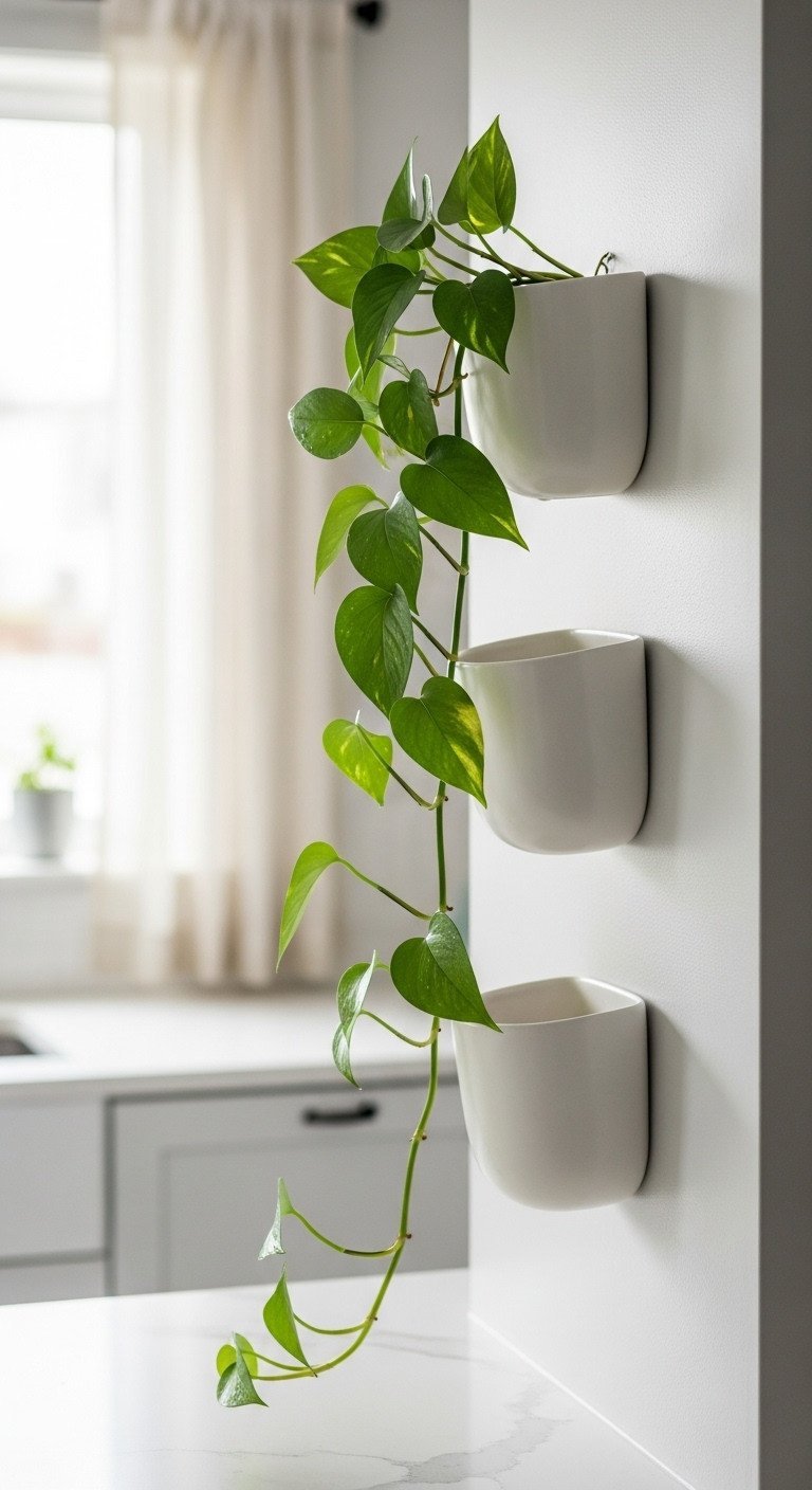 Three white ceramic wall planters arranged vertically on a gray kitchen wall, with a lush green pothos plant trailing down.