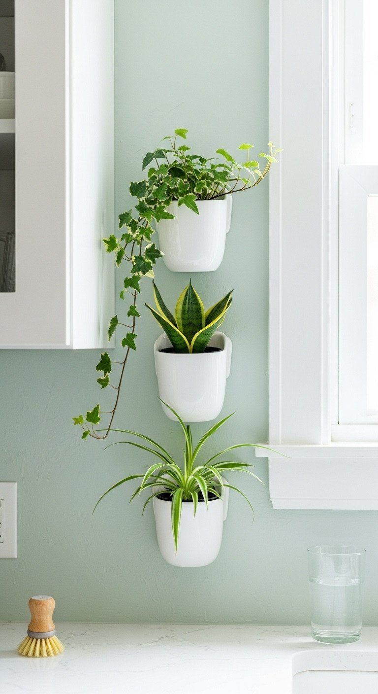Three white ceramic wall planters create a vertical garden with lush green plants on a light green wall in a bright kitchen.