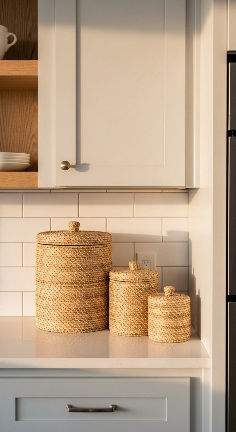 Three woven hyacinth baskets with lids for storage sit above light gray cabinets in a cozy, coastal kitchen with subway tile.
