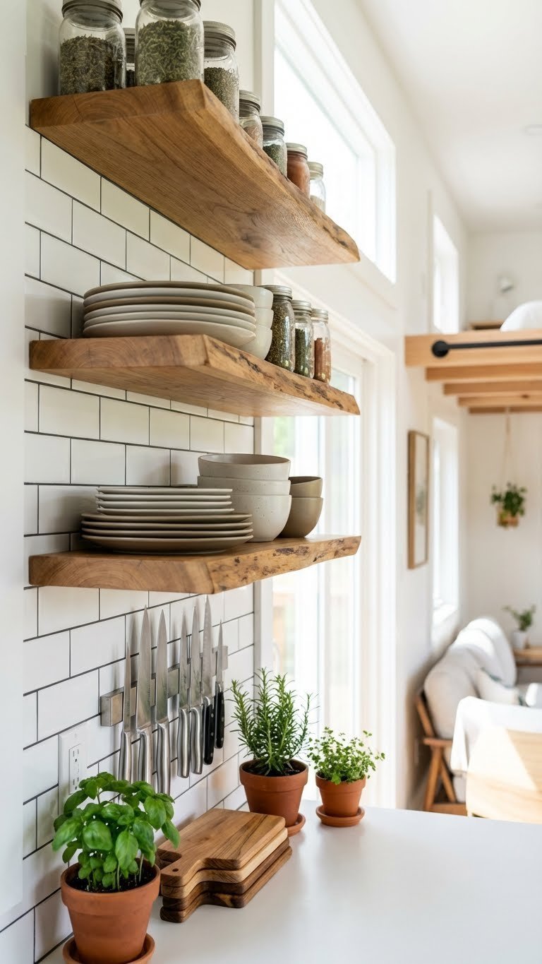 Tiny house kitchen featuring maximized vertical storage, open floating shelves with minimalist dishware, spices & magnetic knife strip.