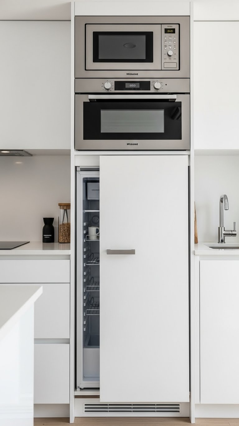 Tiny house kitchen with sleek integrated compact appliances: narrow refrigerator or microwave/oven combo in minimalist cabinetry.