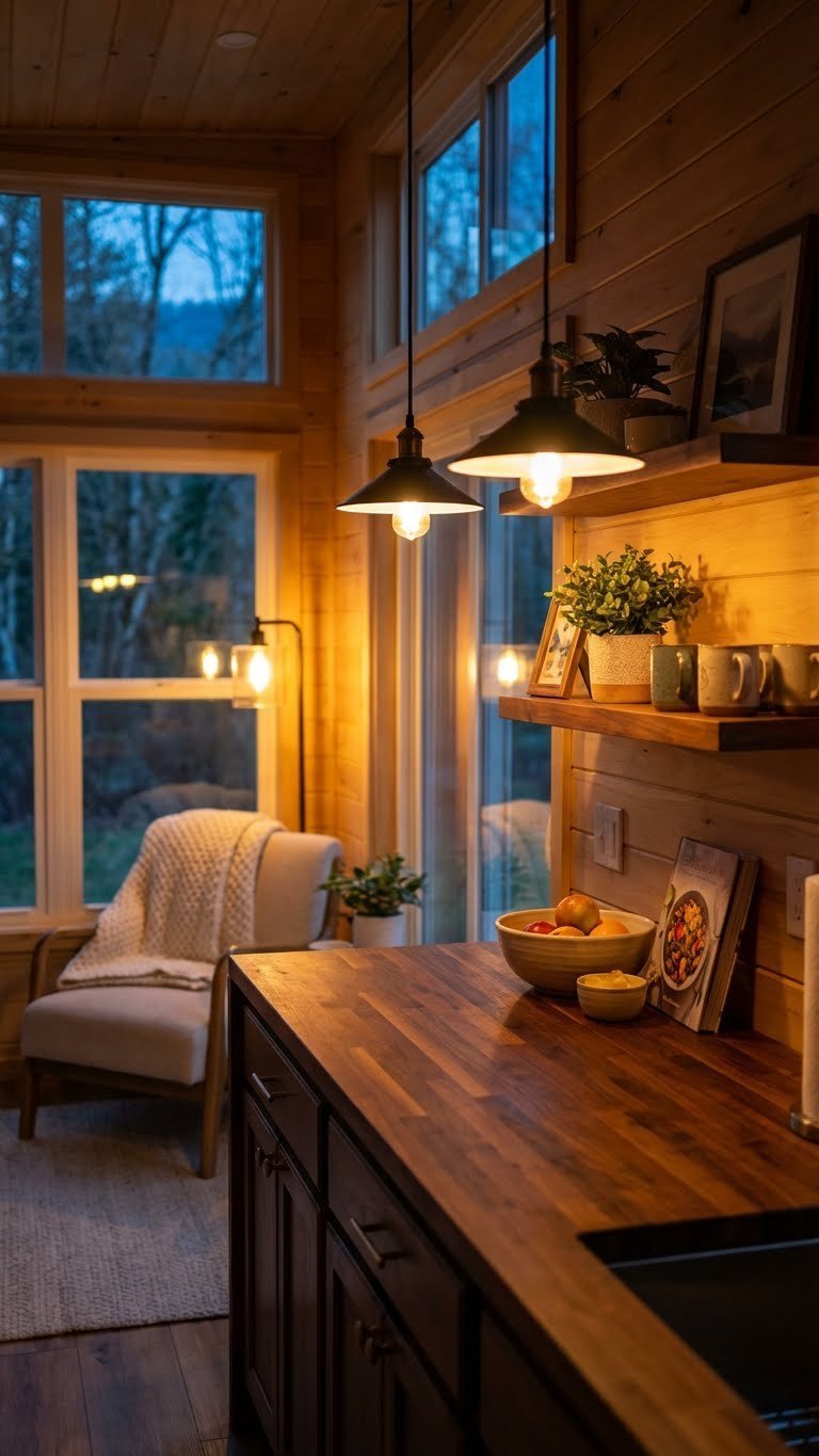 Tiny house open concept kitchen-living room with layered lighting, task pendants over counter & warm ambient floor lamp at dusk.