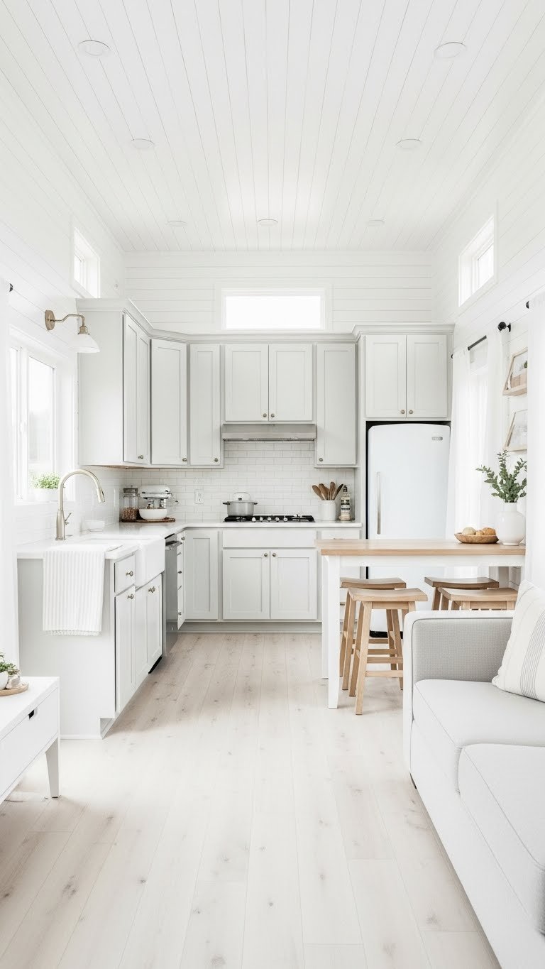 Tiny house open concept kitchen-living room with seamless transition, monochromatic white & gray palette, minimalist decor.