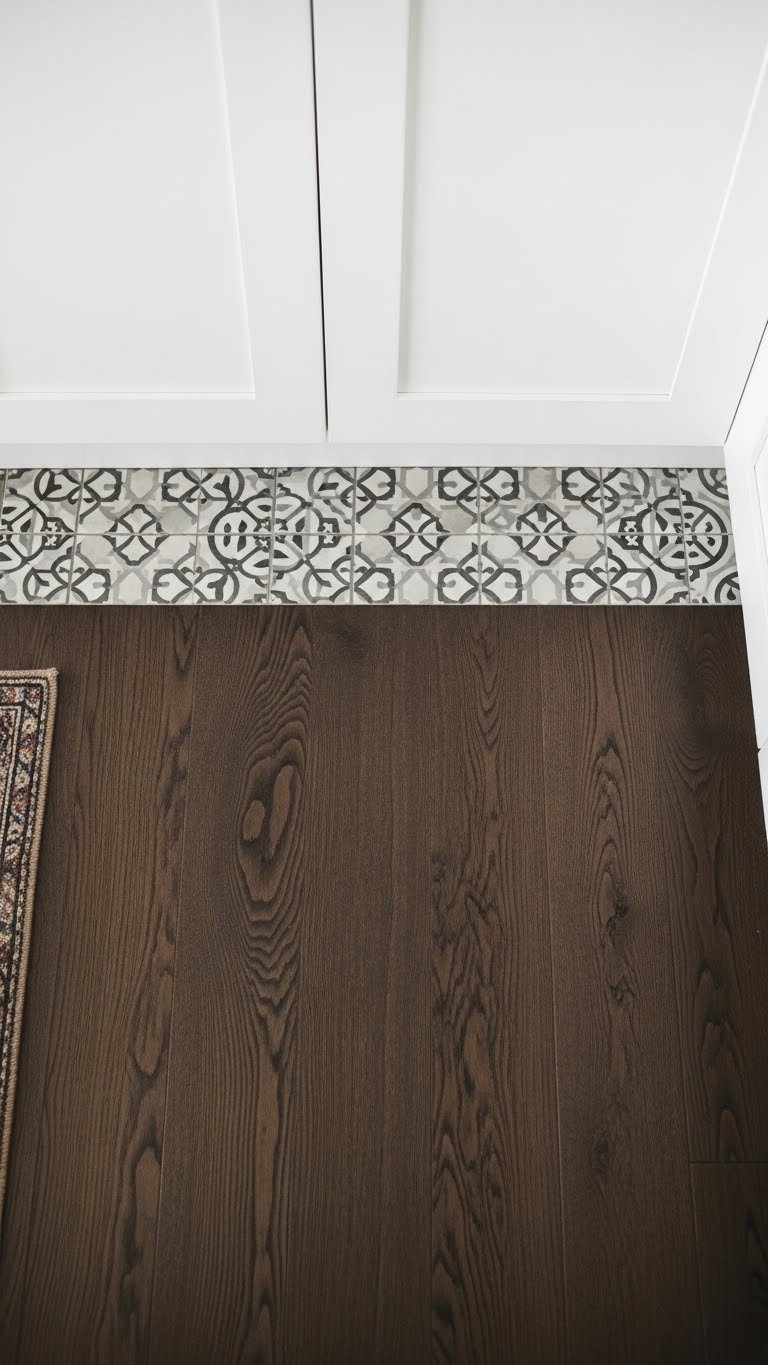 Top-down: dark wood plank flooring meets white kitchen cabinets. Anchoring effect, modern kitchen design, clean sophisticated look.