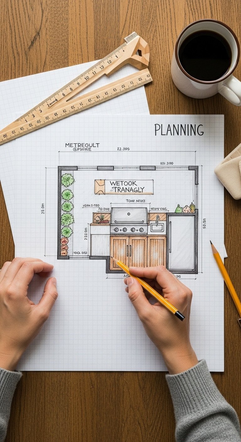 Brilliant Outdoor Kitchen Design Plans To Avoid Costly Mistakes 3 Top-down flat lay of a hand-drawn L-shaped outdoor kitchen plan on graph paper with a pencil, ruler, and coffee.