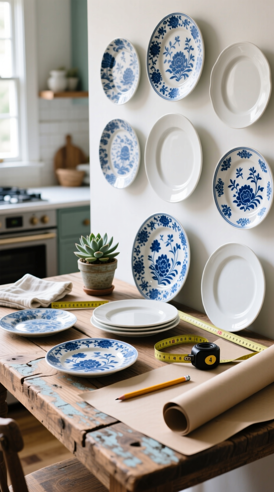 How To Hang Plates On A Wall A Step By Step Visual Guide 1 Top-down flat lay of blue and white plates, a tape measure, and paper for planning a beautiful DIY decorative plate wall.