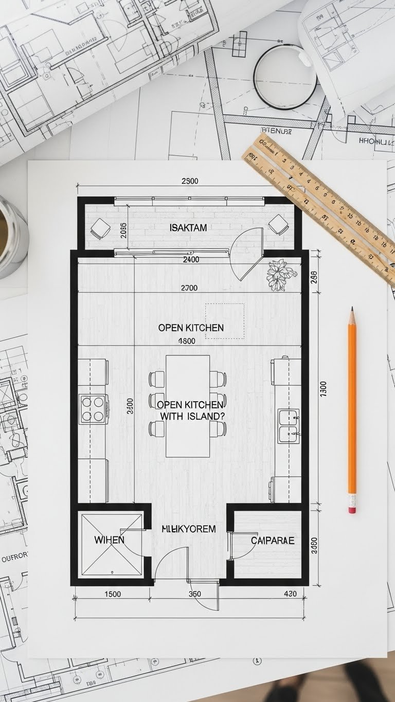 Top-down flat lay: open concept kitchen floor plan rendering with island dimensions, walkways, ruler. Technical design for space planning.