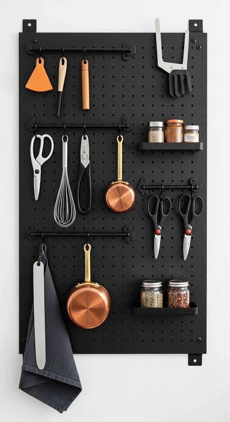 Top-down view of a black metal pegboard, organized with hanging kitchen tools like a copper pan, whisk, and spices.
