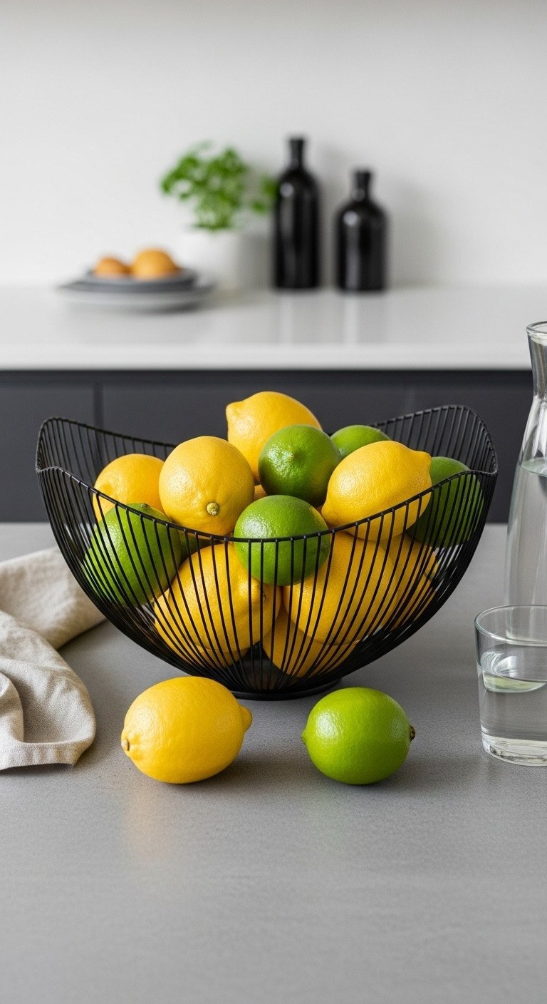 Kitchen Island Decor Secrets For Style And Function 5 Top-down view of a black metal wire bowl of fresh lemons and limes with dewdrops on a gray concrete kitchen counter.