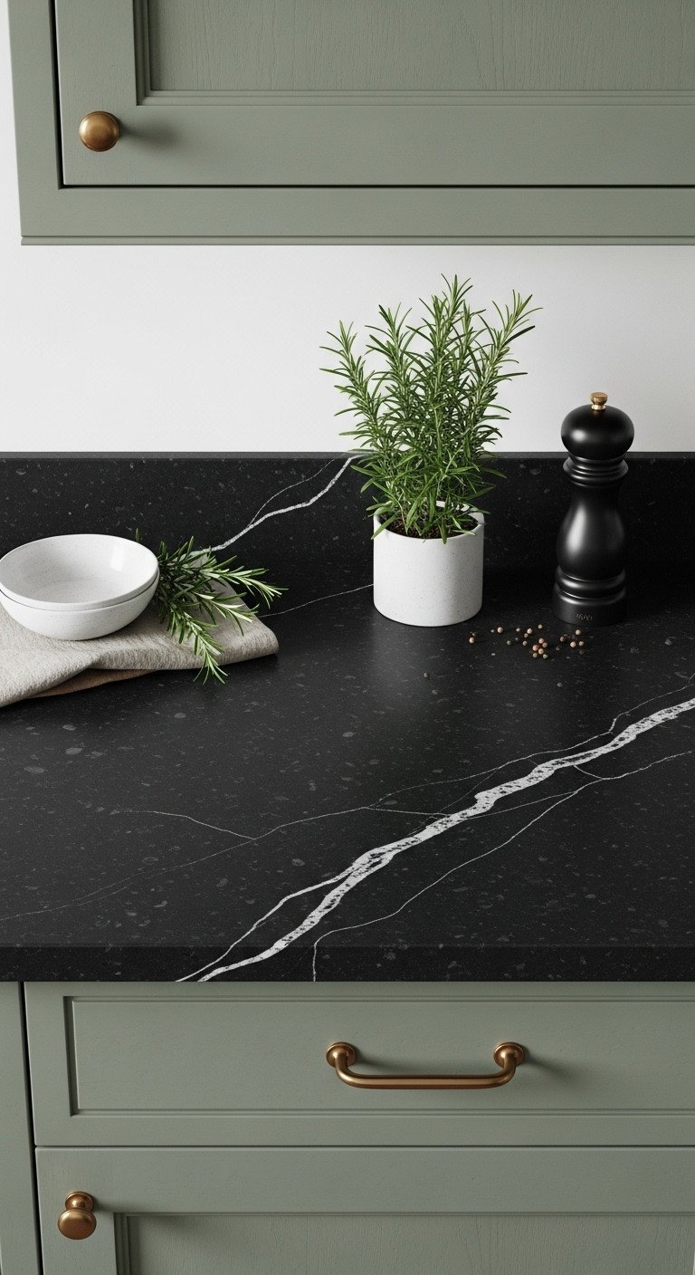 Top-down view of a dark matte soapstone-look quartz countertop with subtle veining next to muted sage green cabinets.