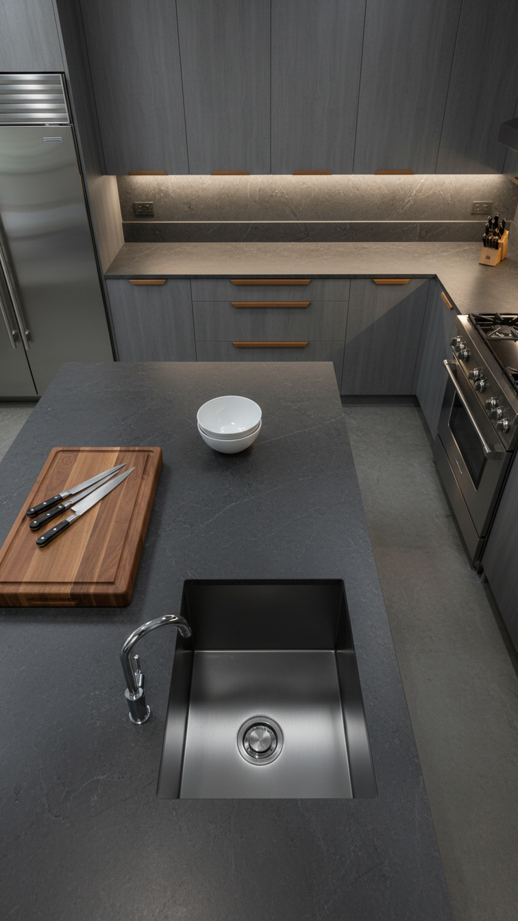 Top-down view of a functional kitchen island with organized prep space, work triangle, dark cabinetry, utensils.