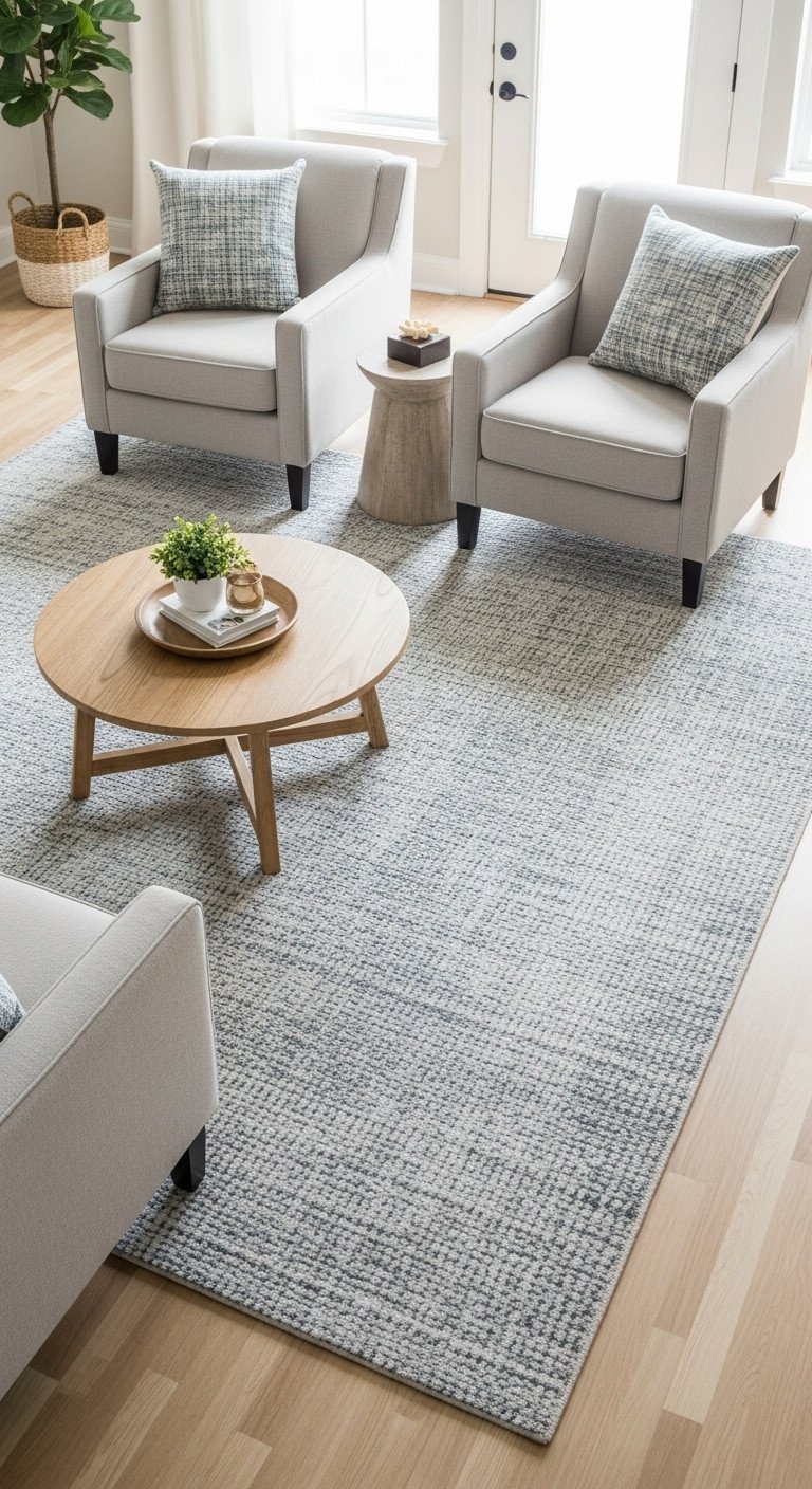 9 Stunning Home Decor Ideas For A Cohesive Living Room And Kitchen 7 Top-down view of a large textured area rug anchoring a neutral sofa and chairs on a light hardwood floor in an open plan.