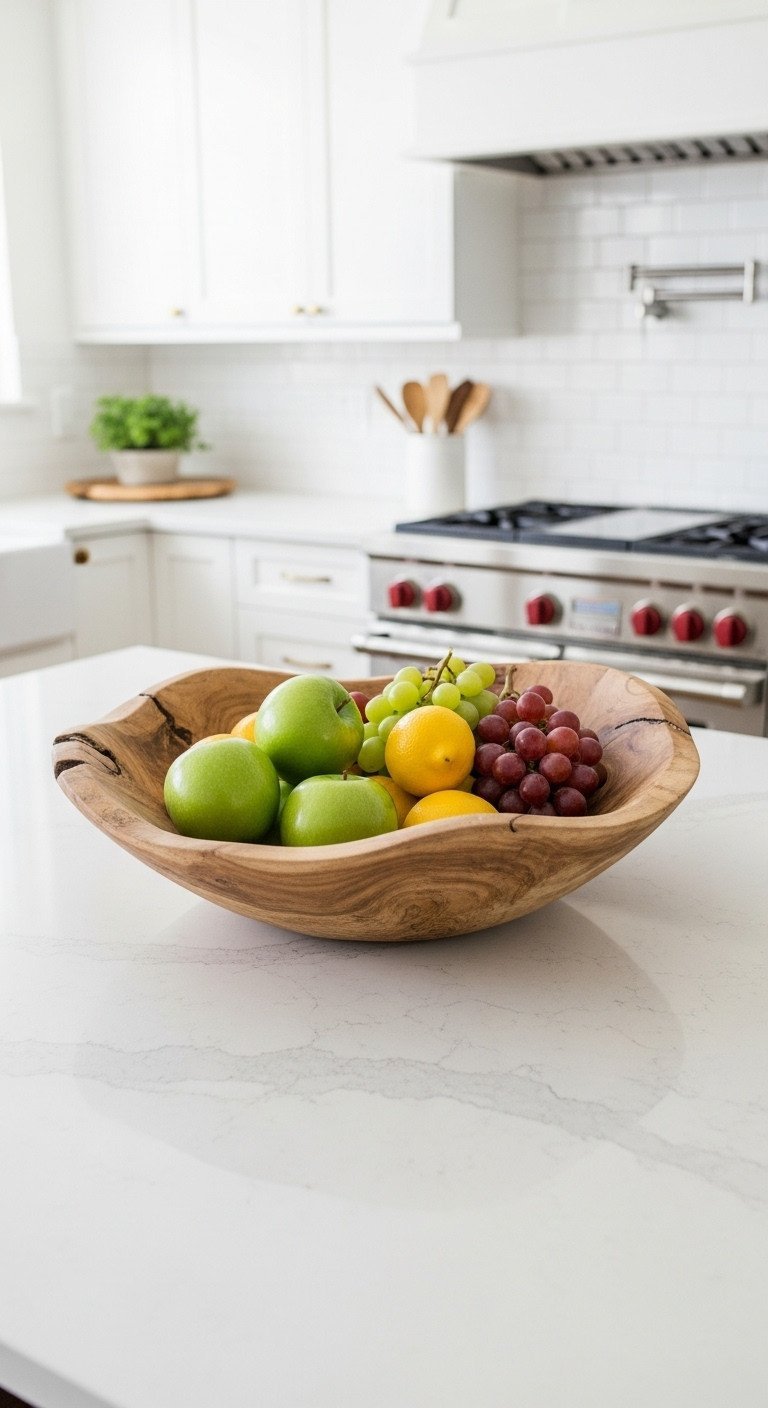 Top-down view of a large wooden fruit bowl filled with fresh green apples, lemons, and grapes on a kitchen island.