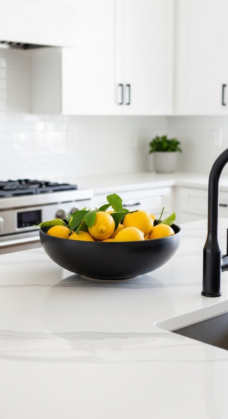 Top-down view of a matte black ceramic bowl filled with fresh yellow lemons on a minimalist white marble kitchen island.