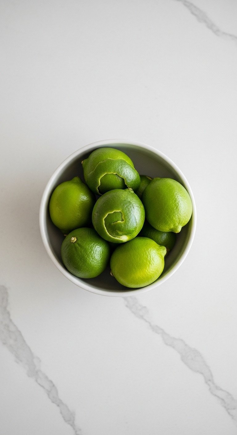 Top-down view of a white ceramic bowl filled with vibrant green limes sitting on a light gray quartz countertop.