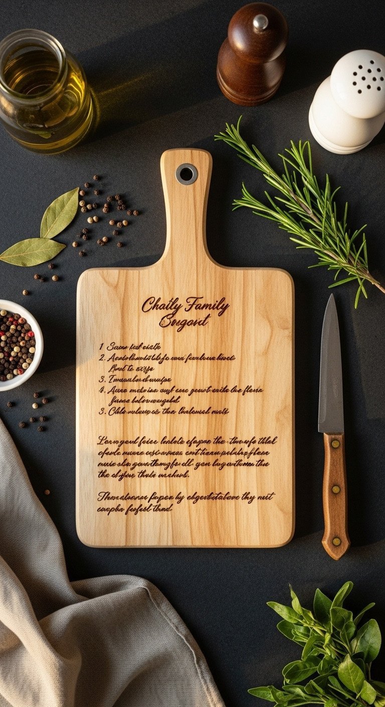 Create Beautiful Recipe Wall Art That Preserves Family Heirlooms 5 Top-down view of a wooden cutting board with a laser-engraved family recipe, styled with rosemary on a slate counter.
