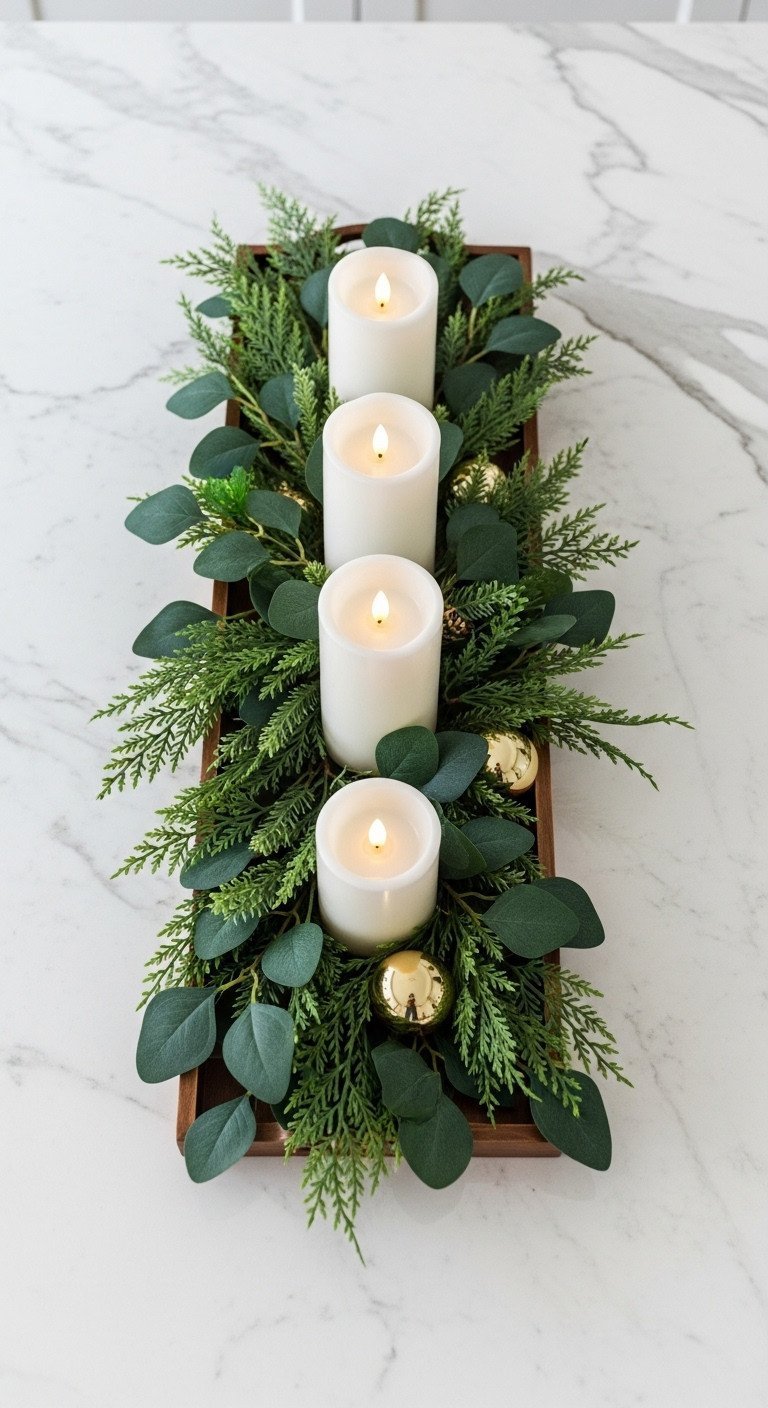 Top-down view of an elegant Christmas centerpiece with candles and greenery in a wood tray on a white marble kitchen island.