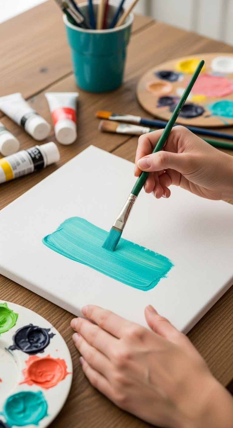 Top-down view of hands painting a vibrant teal brushstroke on a canvas, surrounded by art supplies on a table.