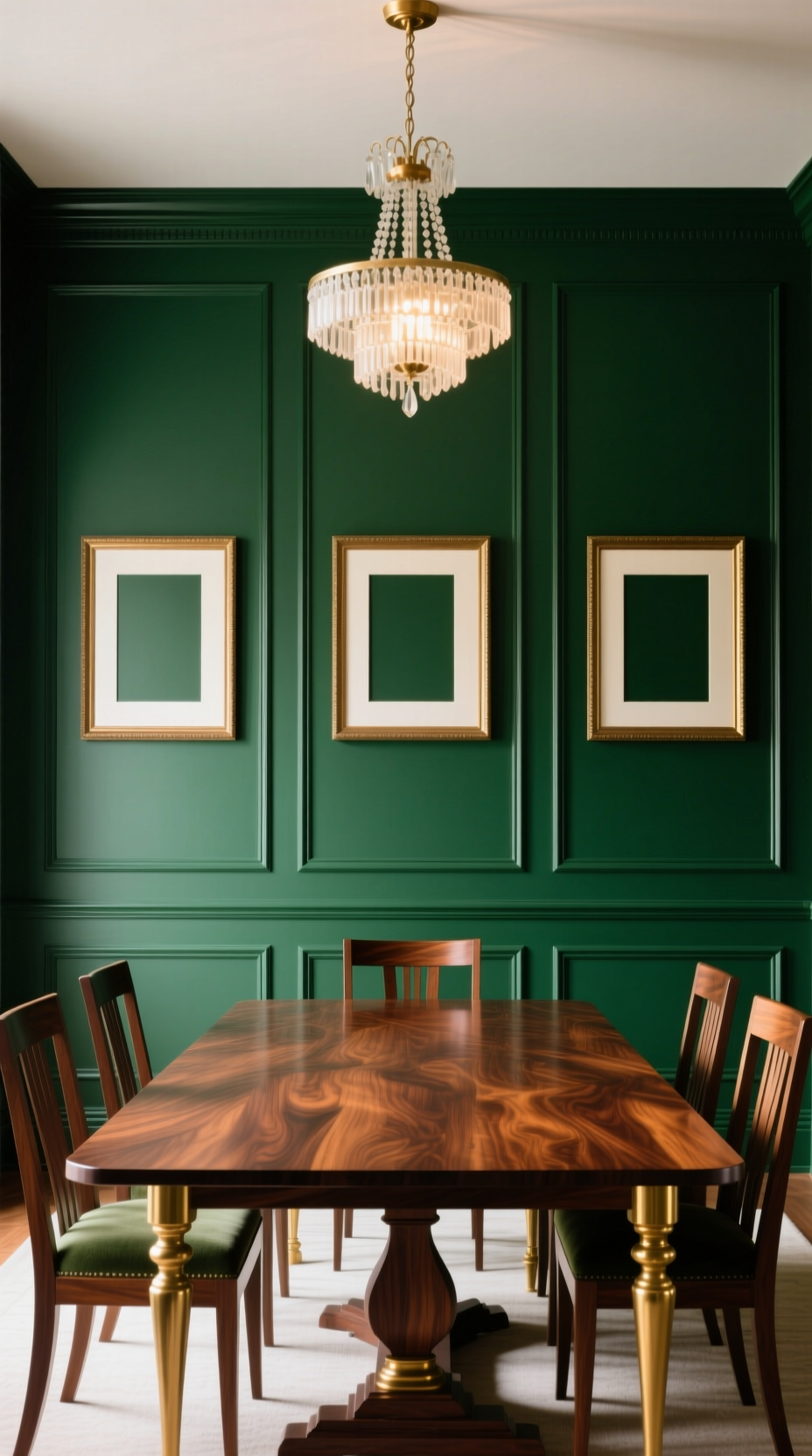 Kitchen Wall Decor That Looks Perfect Above Your Table 14 Traditional dining room accent wall with three large picture frame molding boxes painted a rich, deep green color.
