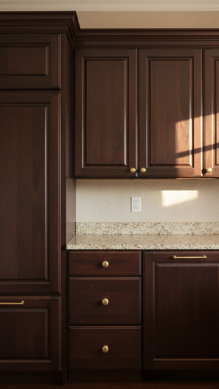 Traditional kitchen with smooth espresso cherry wood cabinets, classic brushed gold knobs, light beige granite counter.