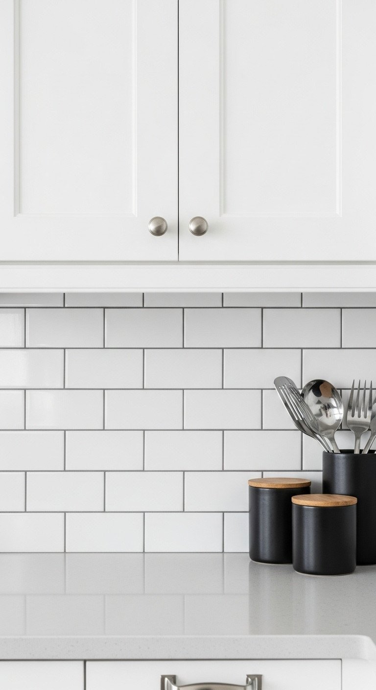 Traditional white subway tile backsplash with striking charcoal gray grout lines, light gray counter, and white Shaker cabinet, accented with black spice jars.