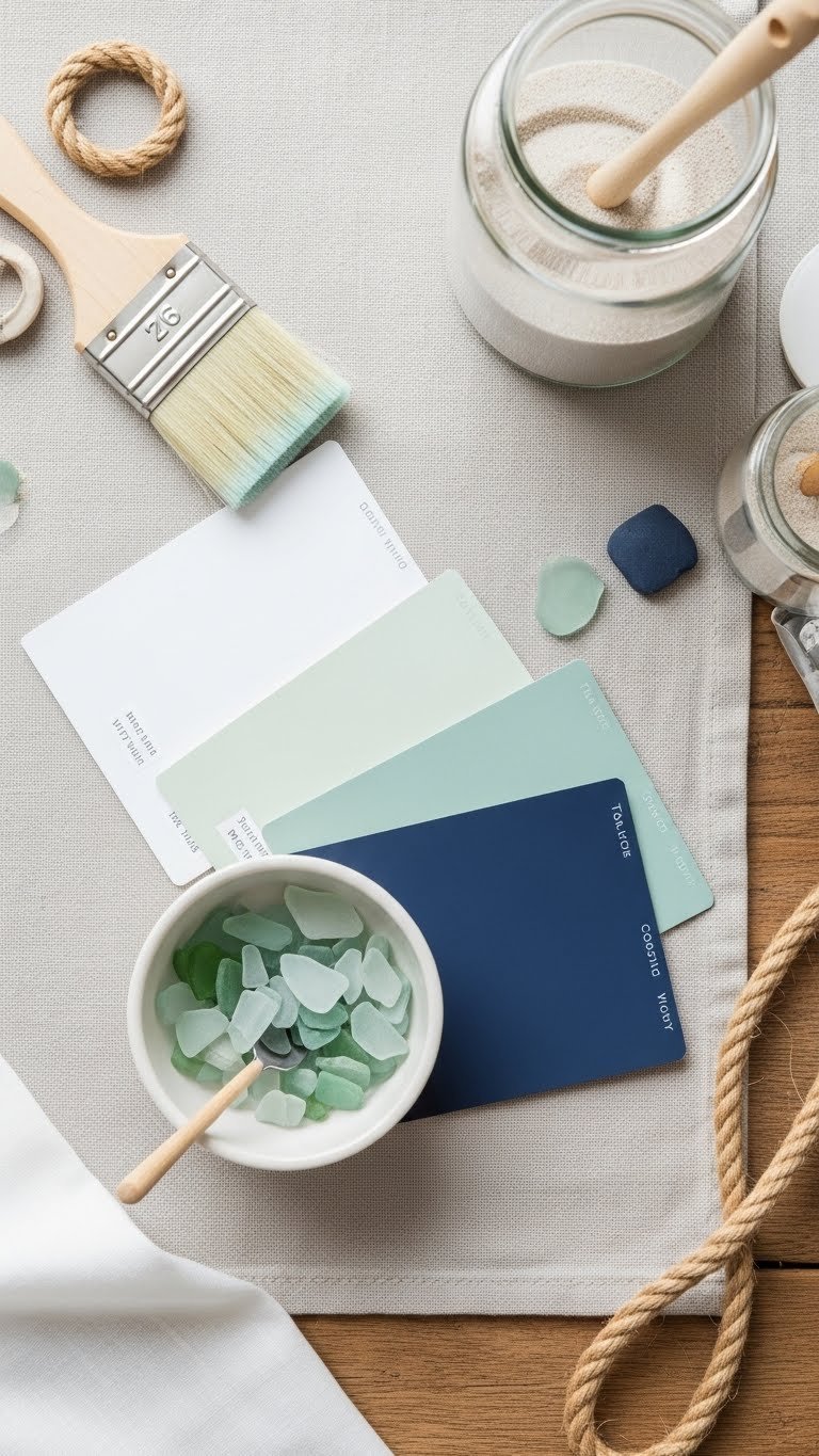 Tranquil coastal color palette for interiors: off-white, sea-foam green, navy blue swatches, sea glass, and rope on rustic wood.