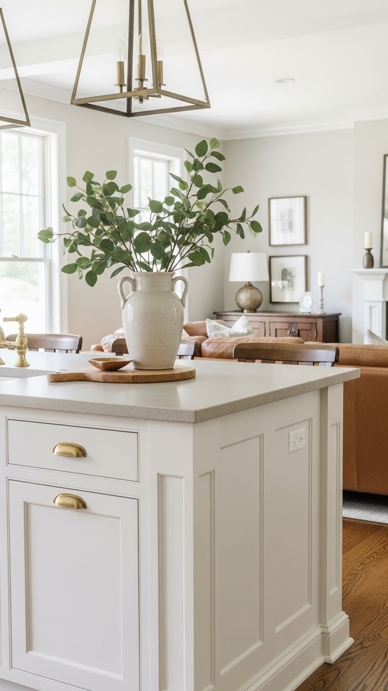 9 Island Design Ideas For Open Kitchen Living Room 15 Transitional kitchen island blending pale stone counter, white shaker cabinetry with antique brass, connecting kitchen and living areas.