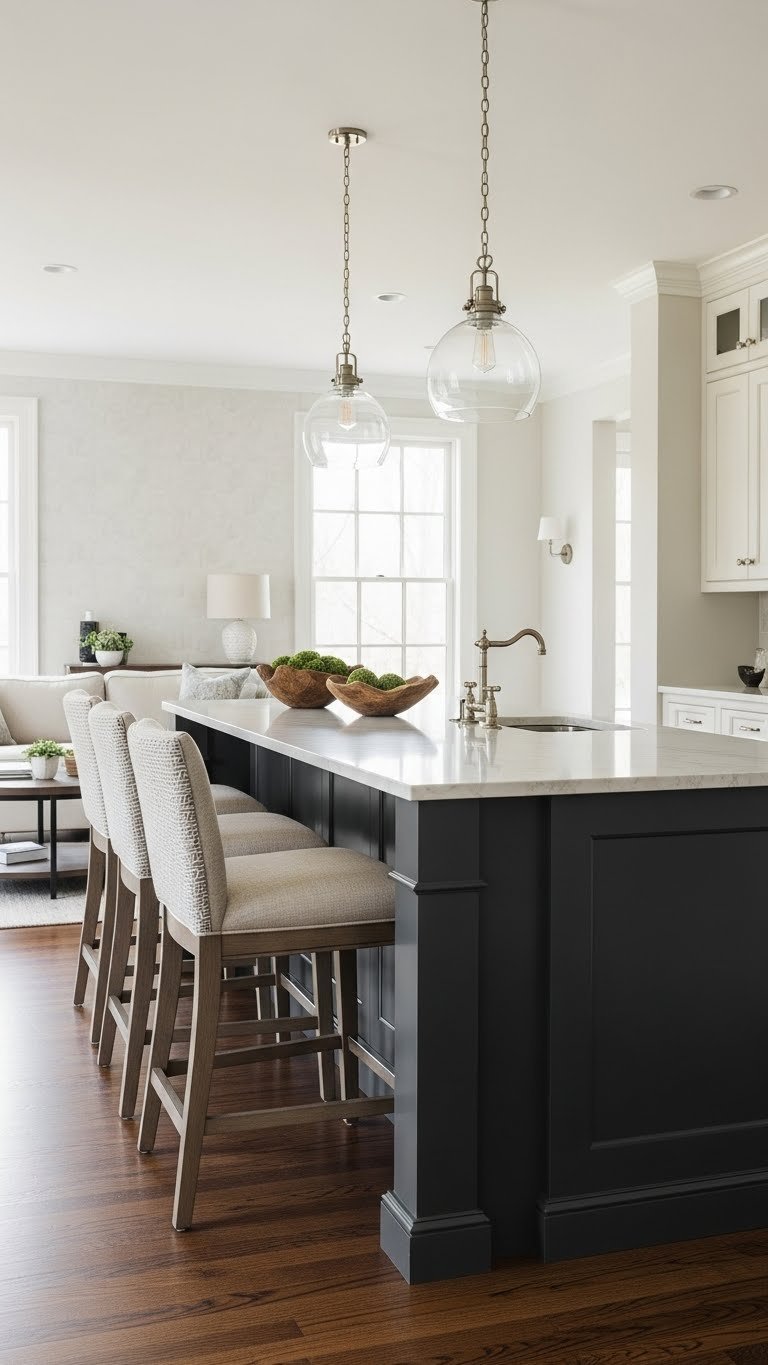 Transitional kitchen island with raised bar seating, separating open concept kitchen and living. Hardwood floor, warm cream & charcoal palette.