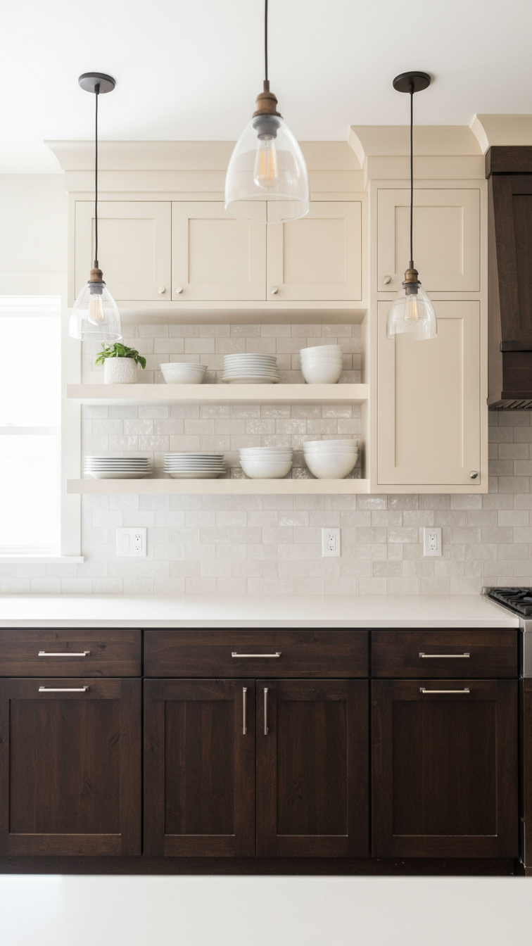 Transitional kitchen with dark wood lower and light upper cabinets, open shelving, white counter, clear glass pendants.